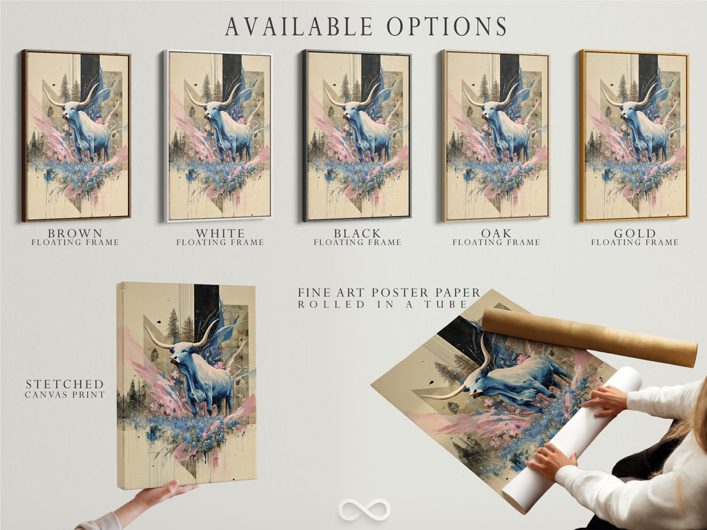 Available options for bull art prints displayed. Options include stretched canvas print fine art poster paper and floating frame. Choose the perfect style to match your modern wall decor. Enhance your space with contemporary animal artwork. Select the best option for your interior style.