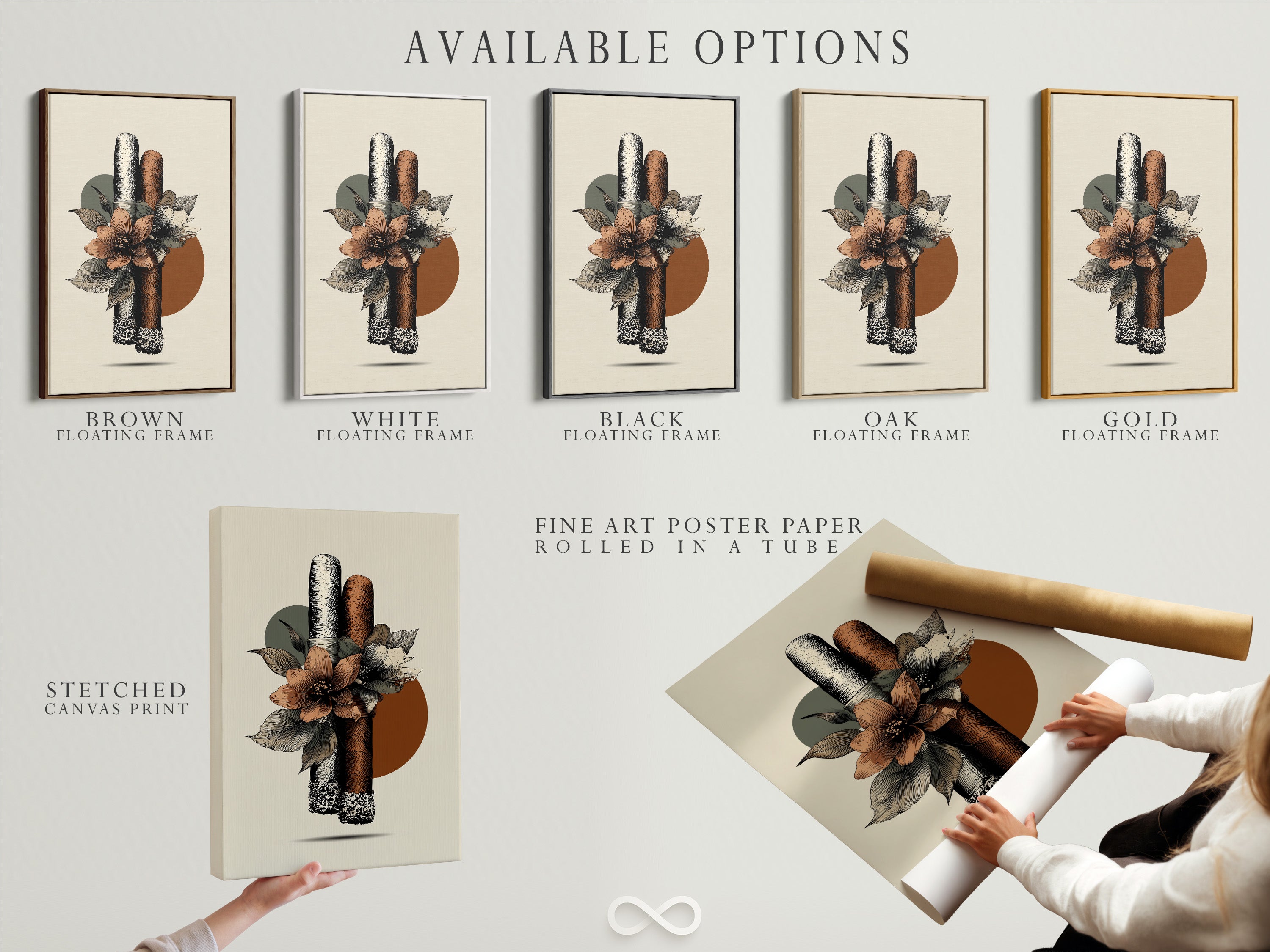 Available options are stretched canvas print fine art poster paper and floating frame. This features boho floral artwork with cigars. Perfect Eclectic Wall Art for a man cave lounge or cigar shop. The primary color is brown and the secondary color is beige.