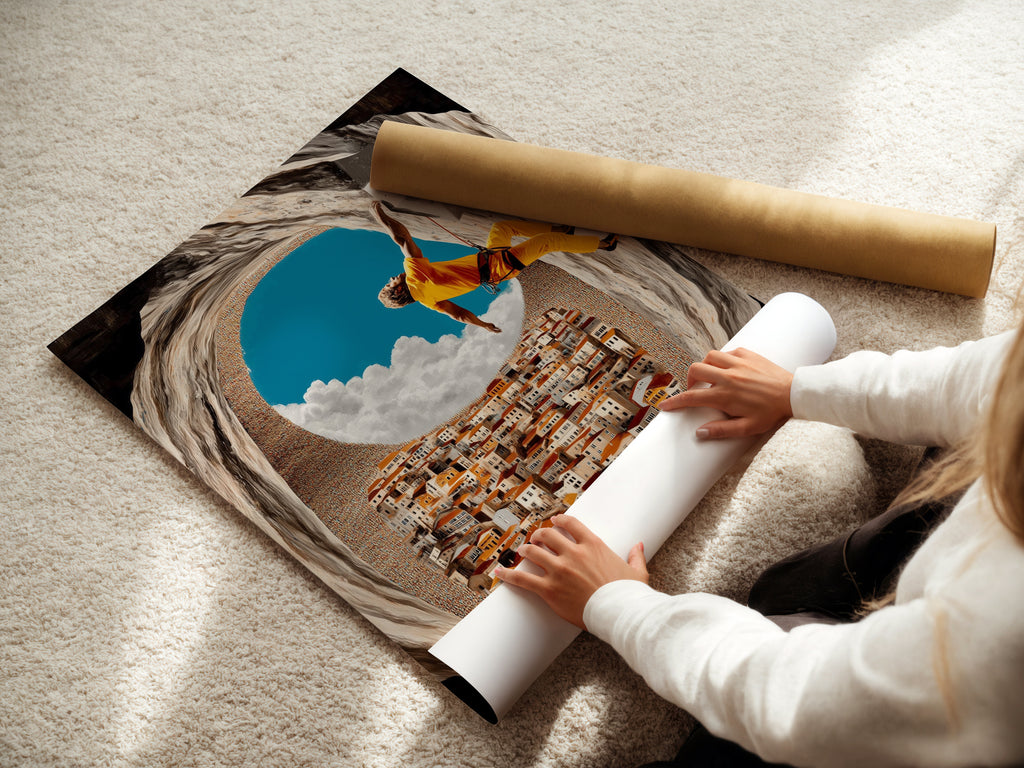 A woman is carefully rolling a fine art poster paper. This highlights the care in handling our prints. High-quality materials ensure your artwork arrives in perfect condition. Perfect for sports art and adventure decor enthusiasts.