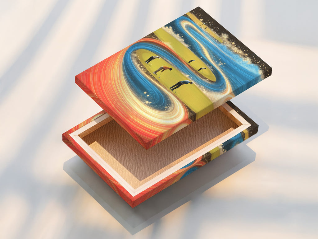 A stretched canvas print of a golf course artwork. The stretched canvas print offers a gallery-worthy look. This modern sports wall art is perfect for any space. Get your abstract sports art and elevate your decor.