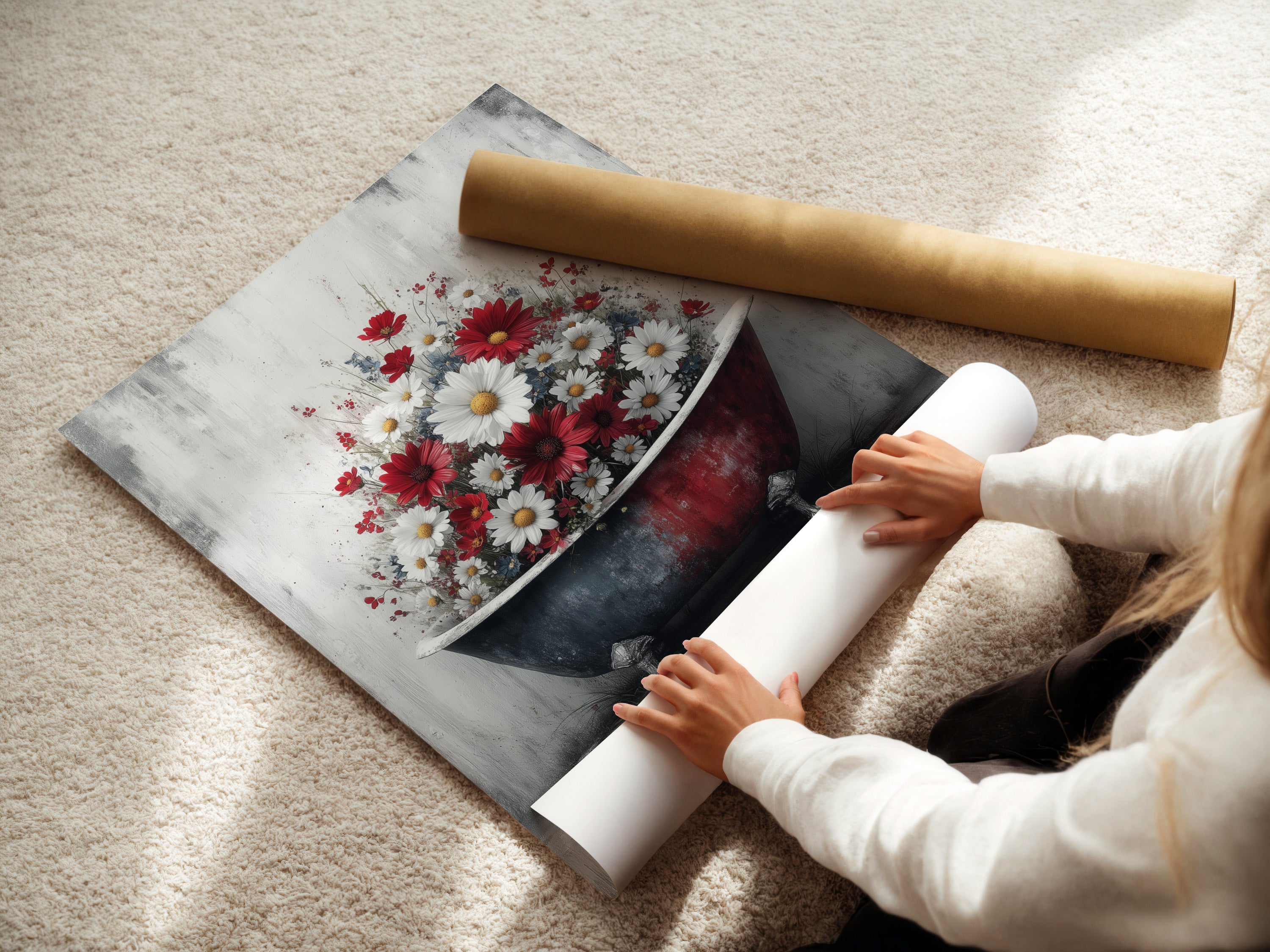 A woman is carefully rolling a fine art poster paper. The poster features vintage bathtub floral artwork. This poster paper ensures high-quality reproduction of the rustic farmhouse print. Perfect for spa bathroom art.