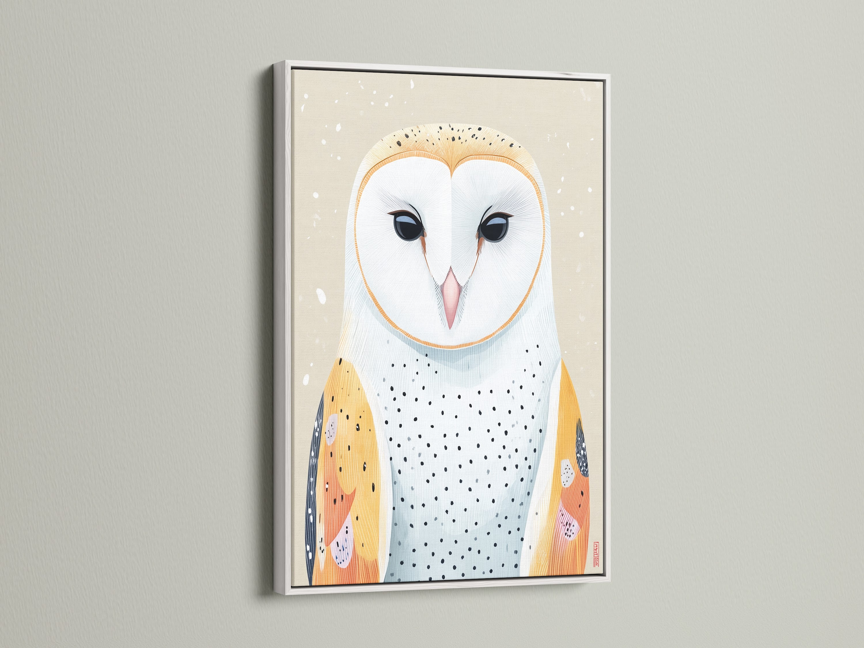 See the owl artwork showcased in a white frame. This modern art print suits a kids room decor. The clean white frame complements the scandinavian art style. A cute animal art piece for a boho nursery setting.