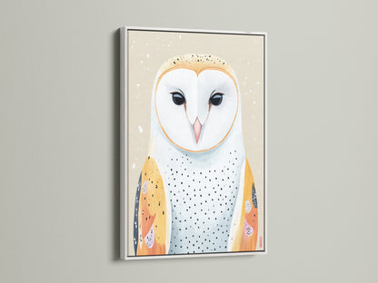 See the owl artwork showcased in a white frame. This modern art print suits a kids room decor. The clean white frame complements the scandinavian art style. A cute animal art piece for a boho nursery setting.