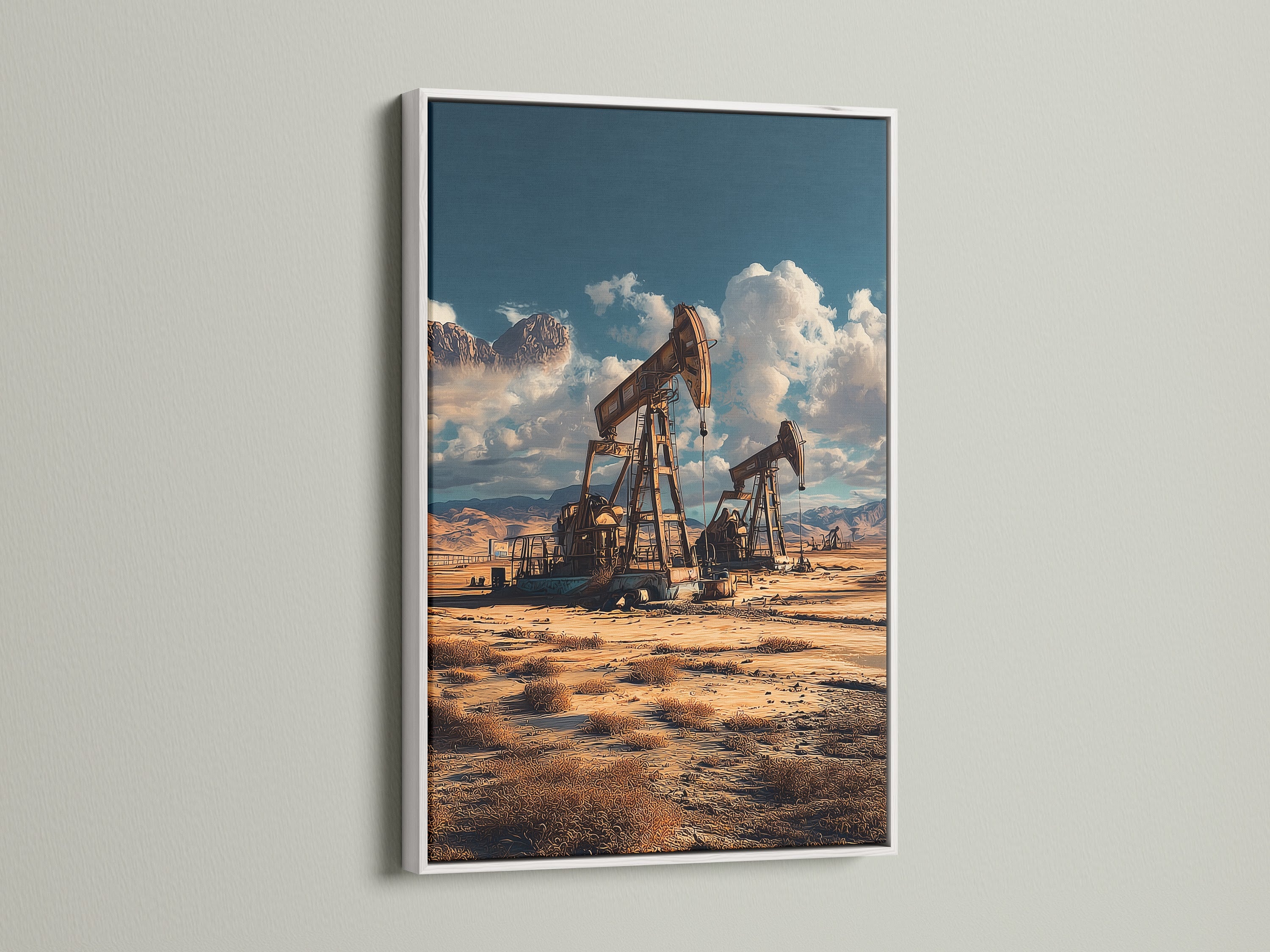 Oil field artwork with a white frame. The landscape print brings a desert scene to any room. It's a sepia wall art piece. This vintage print adds charm to clinics and cafés.