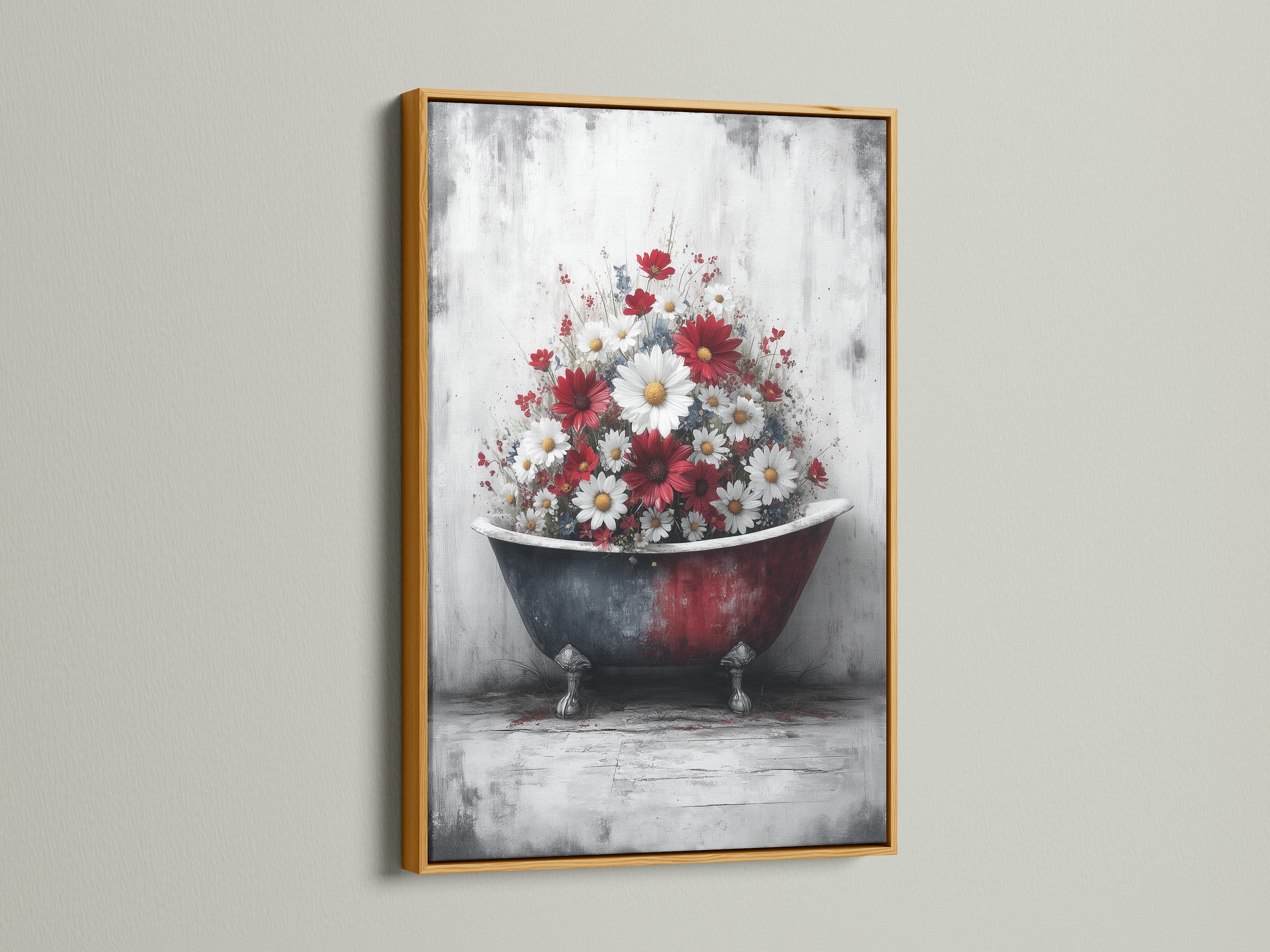 Vintage Bathtub Canvas Artwork with a gold frame. The artwork features a clawfoot tub adorned with red and white flowers. Transform your bathroom into a tranquil retreat with this farmhouse wall artwork.