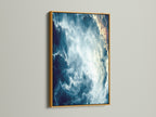 This is an abstract cloudscape canvas print. The artwork is showcased in a luxurious gold frame. This celestial decor adds a touch of elegance. Perfect for those seeking refined modern wall art. The gold frame enhances the dreamy art.