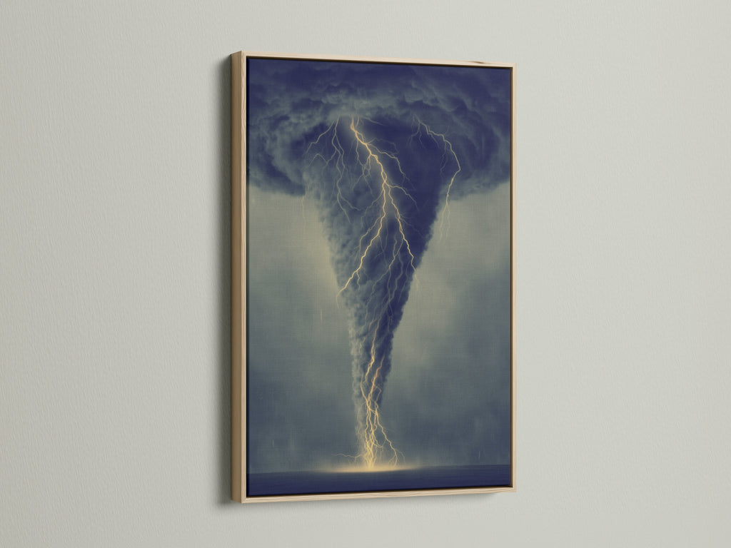 Moody tornado art displayed in an oak frame. The storm canvas brings dramatic weather indoors. Ideal for living rooms bedrooms and offices. The oak frame complements dark academia decor. Consider this nature artwork for your space