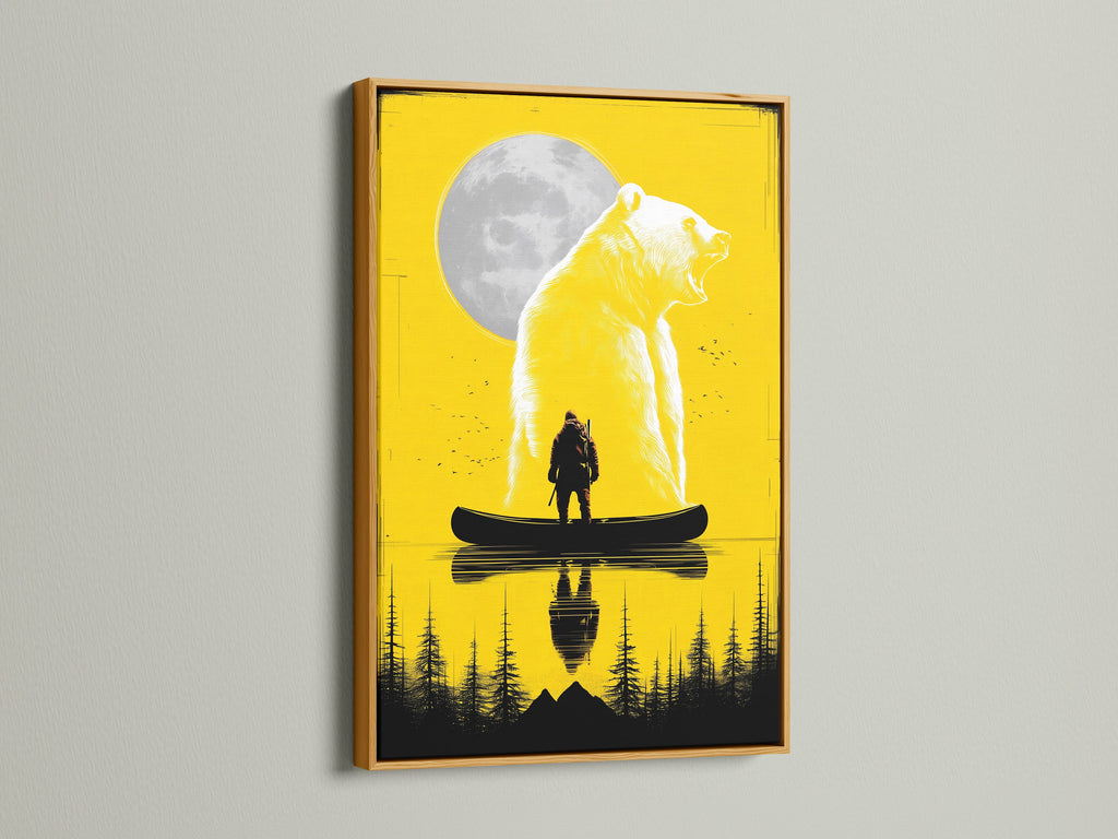 Grizzly Bear and Hunter Canoe Artwork in Gold Frame. This yellow wildlife poster showcases a bear and a hunter in a canoe. A gold frame enhances the artwork's appeal. Perfect for adding a rustic and elegant touch to any space.