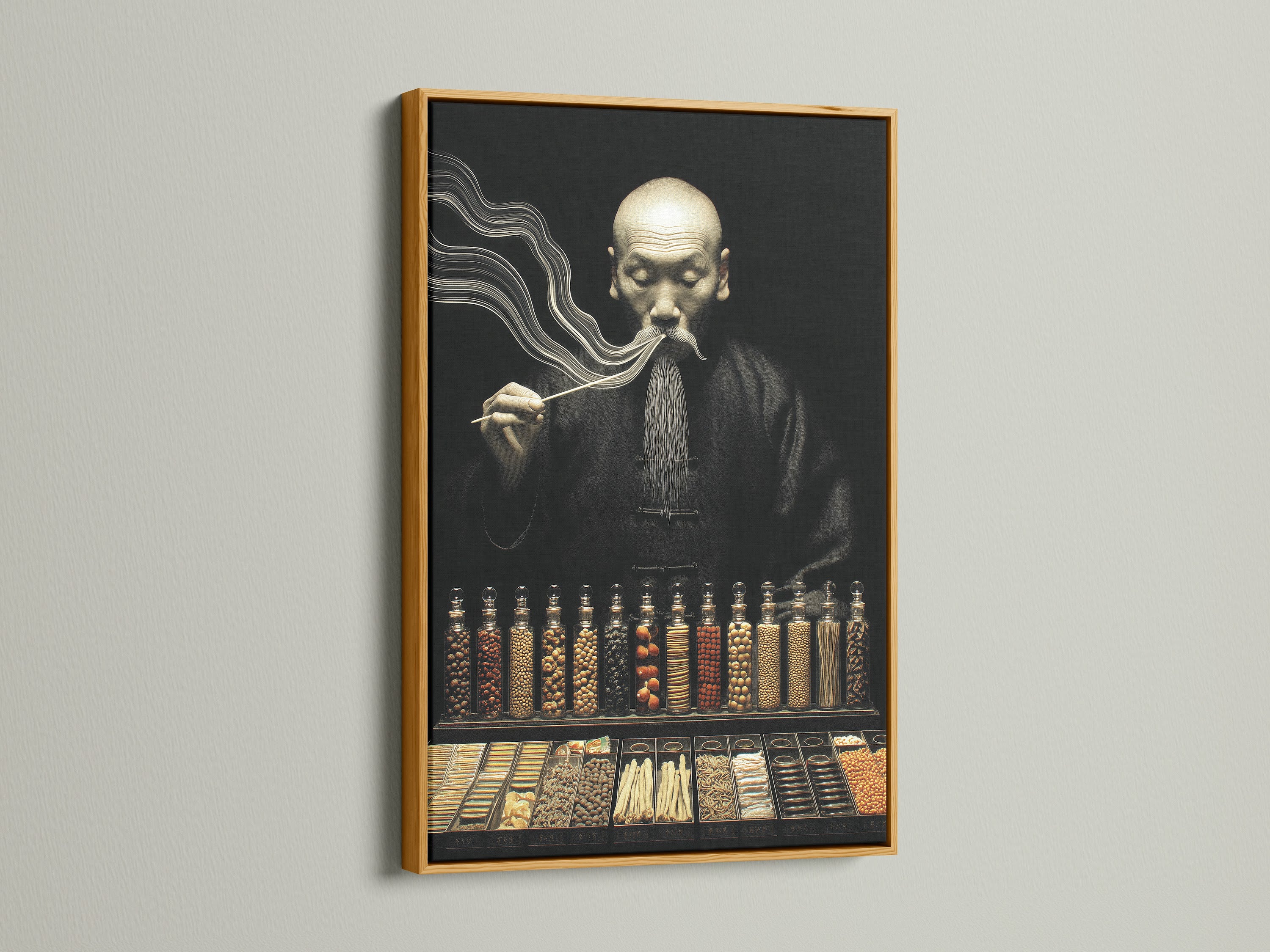 Apothecary Asian artwork in a gold frame. The gold frame brings a touch of elegance to this herbalist decor. Ideal for adding a sophisticated look to any room. This piece suits libraries studies or living spaces. Its vintage charm makes it a perfect gift for doctors. A luxurious addition to your wall art collection.