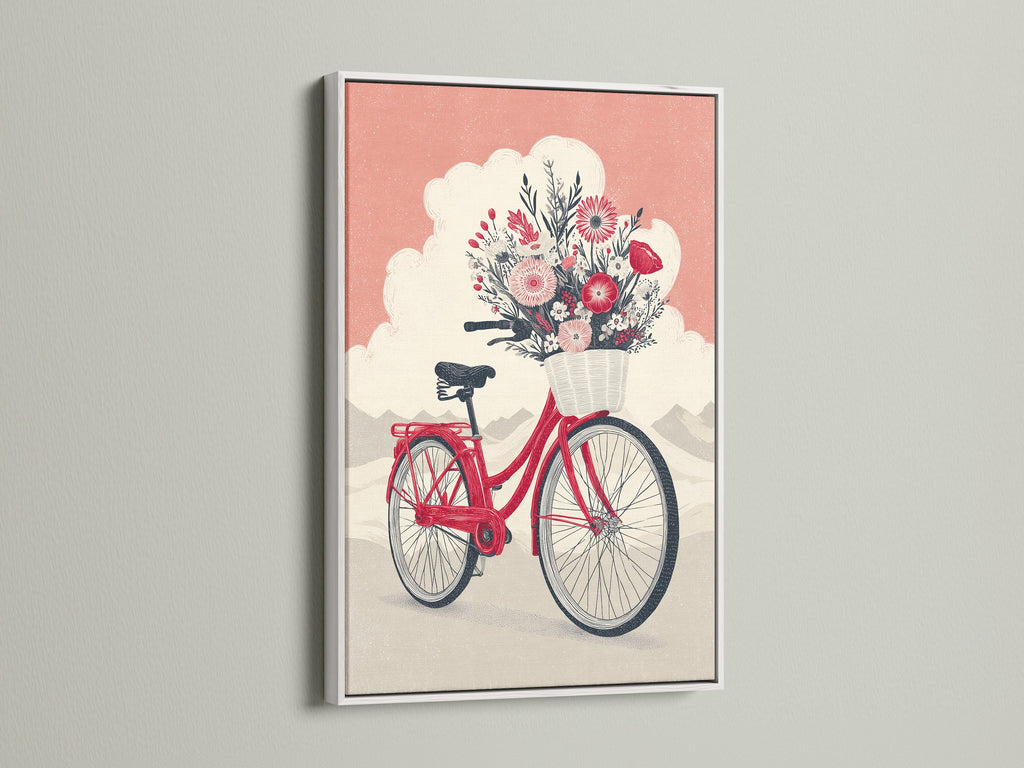 Whimsical floral bike art print displayed in a white frame. The coral pink bicycle artwork is eye-catching. A botanical poster enhances bedroom decor. This vintage bike print adds a retro touch. A great piece for eclectic or cottagecore interiors.