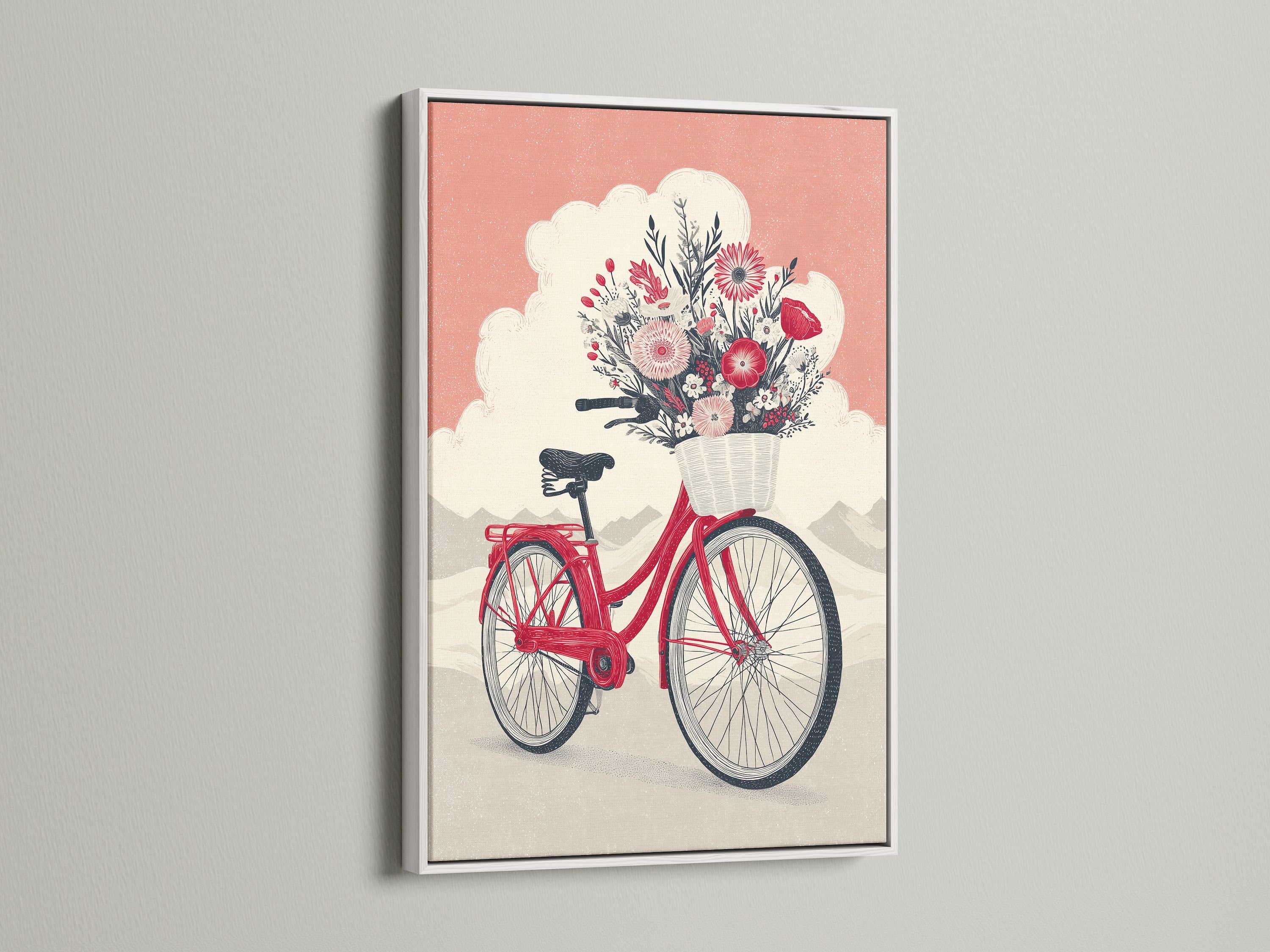 Whimsical floral bike art print displayed in a white frame. The coral pink bicycle artwork is eye-catching. A botanical poster enhances bedroom decor. This vintage bike print adds a retro touch. A great piece for eclectic or cottagecore interiors.