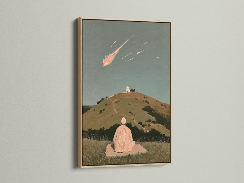 A serene spiritual landscape featuring a shooting star in an oak frame. This celestial artwork is perfect for adding a calming touch to any room. The print showcases a person meditating on a hill. This adds a zen-like atmosphere.