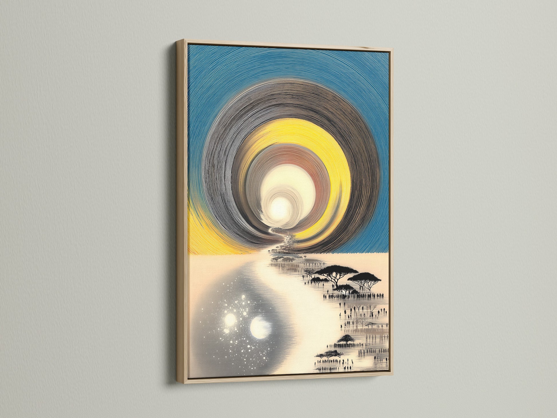 View a canvas artwork framed in a beautiful oak frame. The natural grain of the oak enhances the artwork. An oak frame adds a warm touch to any piece. Perfect for homeowners seeking neutral art options. See how an oak frame elevates your artwork.