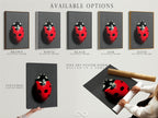 Available options for the ladybug artwork are displayed. Choose from a stretched canvas print fine art poster paper or floating frame. Customize your insect artwork to fit your style. Elevate your home decor with this red and black beetle print.