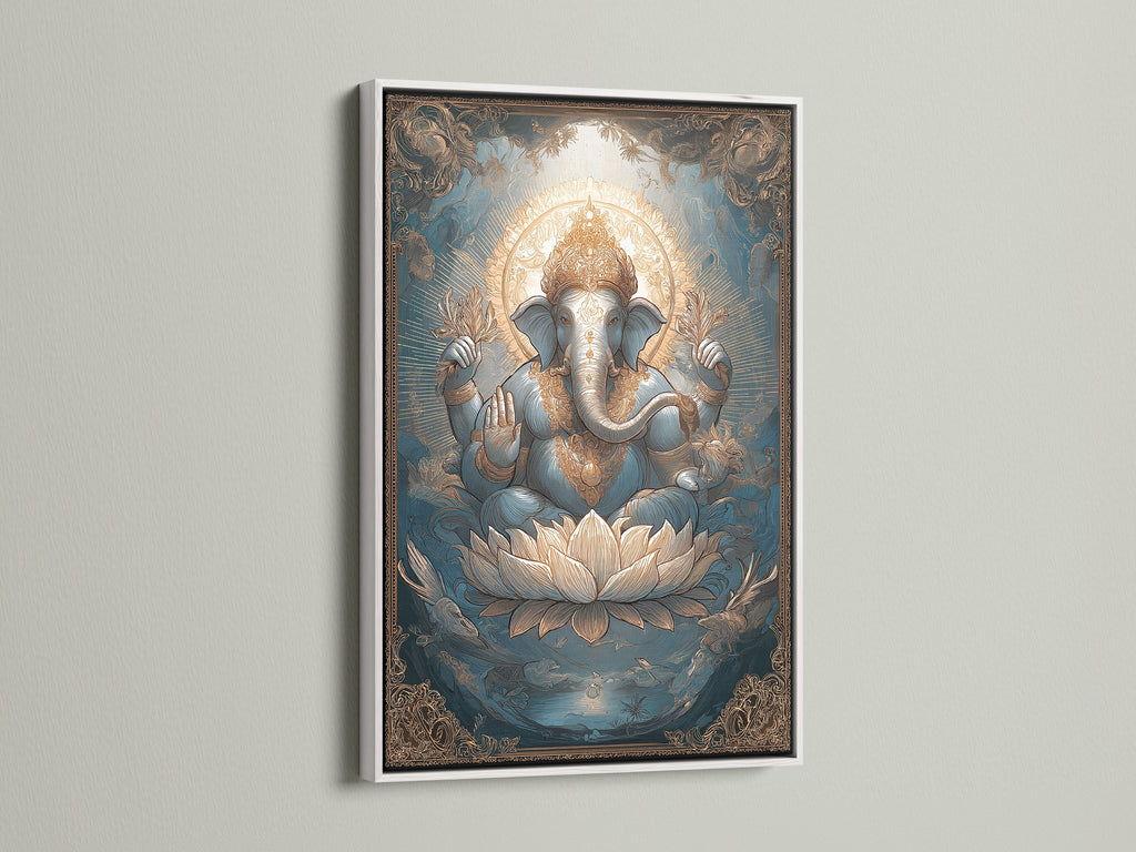 Ganesha Canvas Art in a white frame. This Hindu deity print adds peace to your space. The Elephant God art makes a great spiritual canvas. The Lotus art print is ideal for religious wall art.