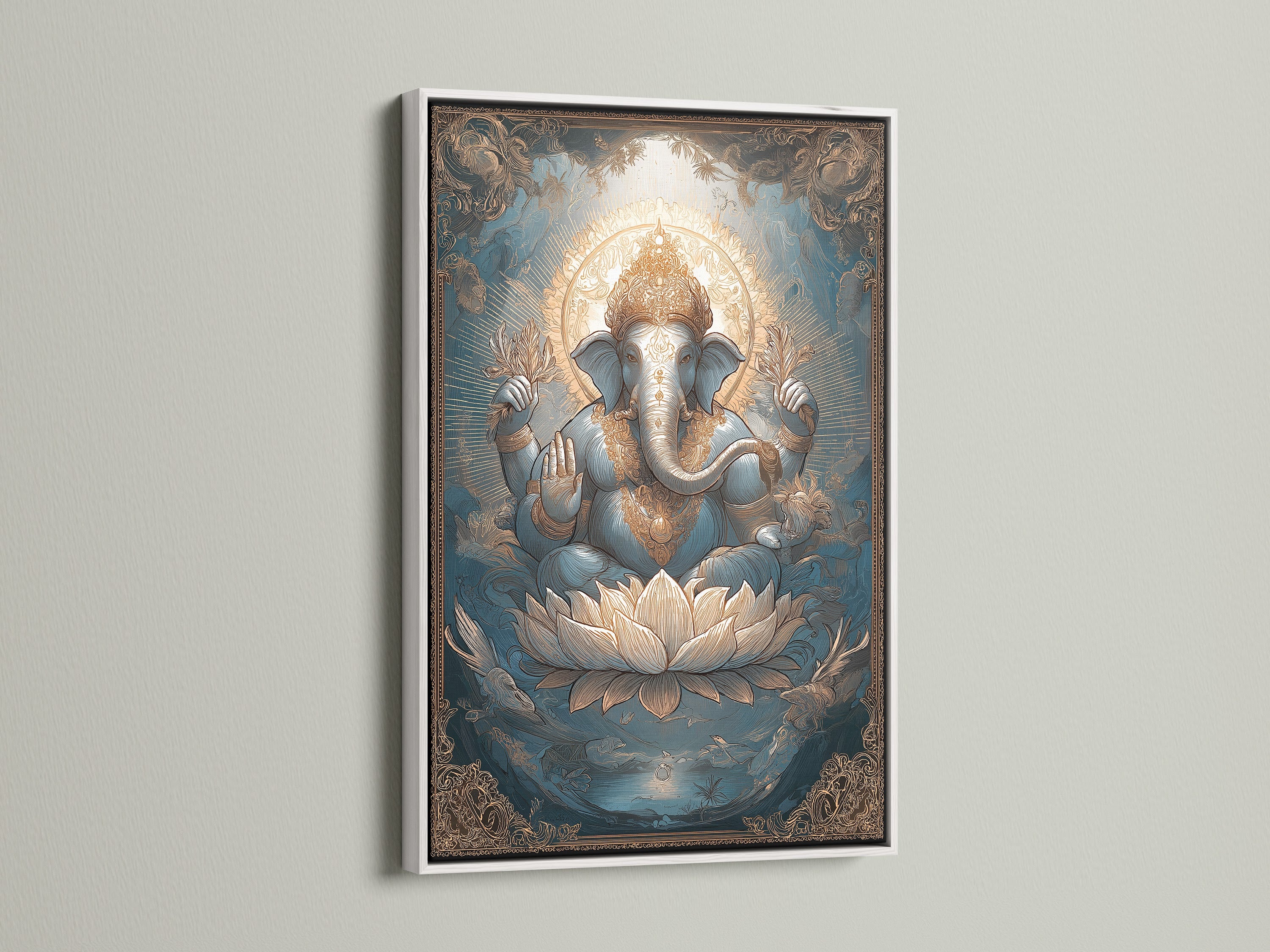 Ganesha Canvas Art in a white frame. This Hindu deity print adds peace to your space. The Elephant God art makes a great spiritual canvas. The Lotus art print is ideal for religious wall art.