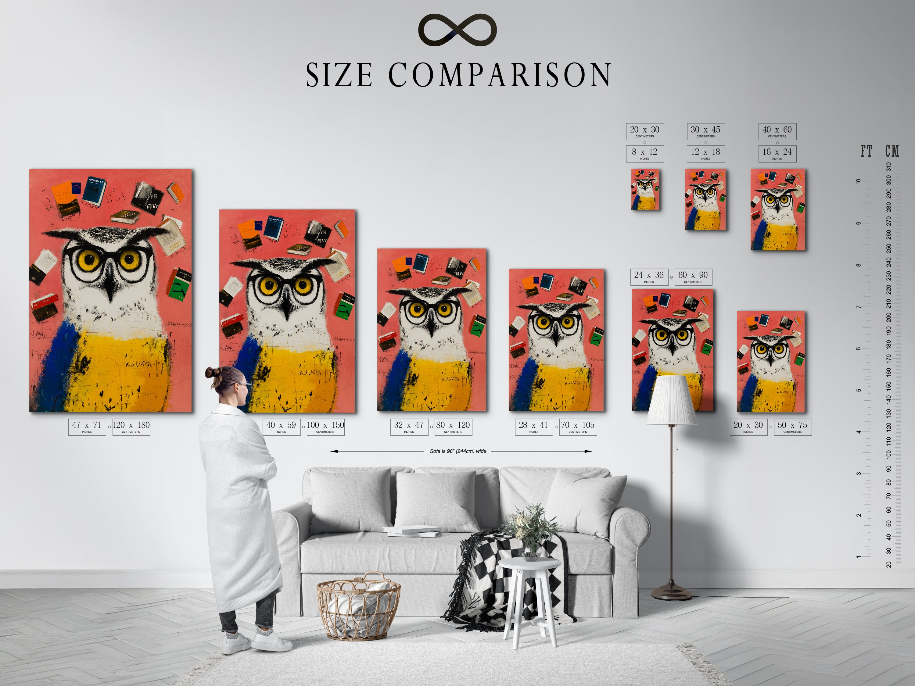 Size comparison chart displayed in an interior setting. Featuring the Scholarly Owl artwork options. See how different sizes fit in your space. Choose the perfect size for your study room decor. Options include canvas prints and fine art posters. Find the ideal fit for your wall art needs.