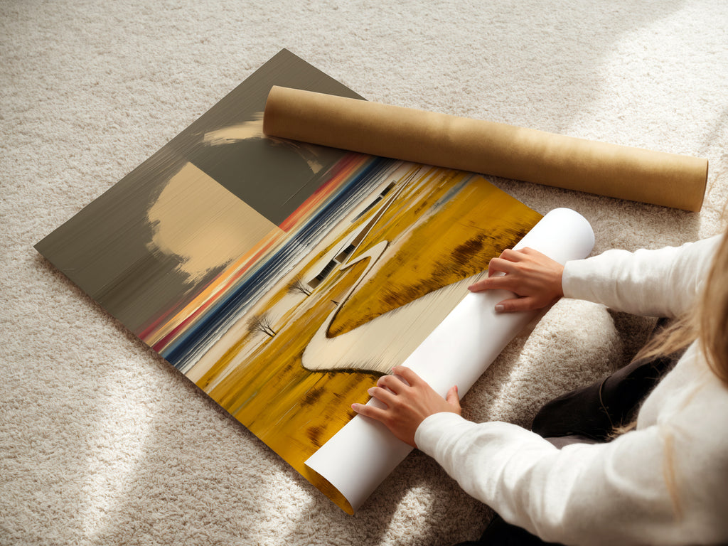 A woman carefully rolls a fine art poster paper. She is preparing a coastal landscape print for framing. This highlights the care and quality in creating modern wall art. The fine art poster paper ensures a high quality reproduction of the boardwalk artwork.