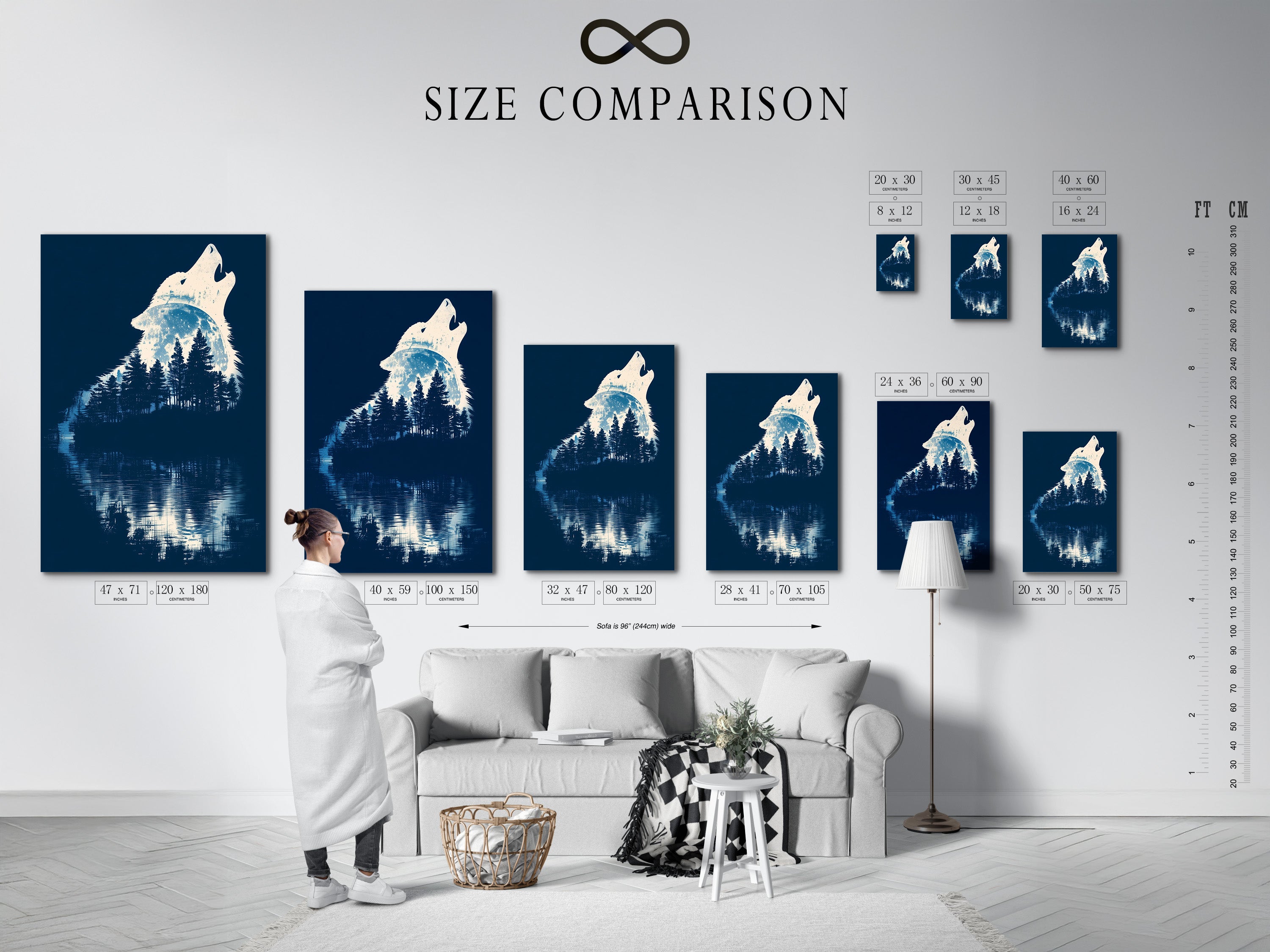 Size comparison chart in an interior setting. The chart displays the different sizes available for the wolf silhouette. Perfect for those looking to enhance their living room wall art. Choose the best size.