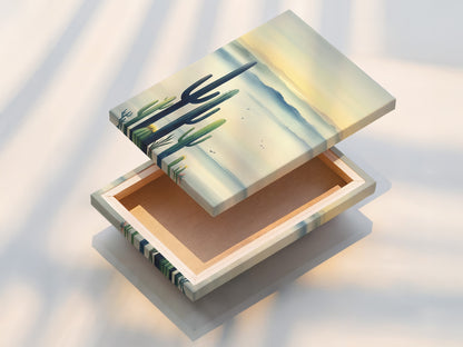 This image features a stretched canvas print. The canvas adds texture and depth to the artwork. The stretched canvas is ready to hang. No additional framing is needed. The print is taut and displays the cactus artwork beautifully. It's a great option for homeowners looking for ready-to-display desert landscape wall art.