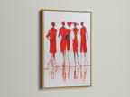 Red Fashion Sketch Art in a gold frame. The contemporary figure drawing is a canvas print. The modern fashion wall art adds a touch of luxury to clinics lobbies and boardrooms.
