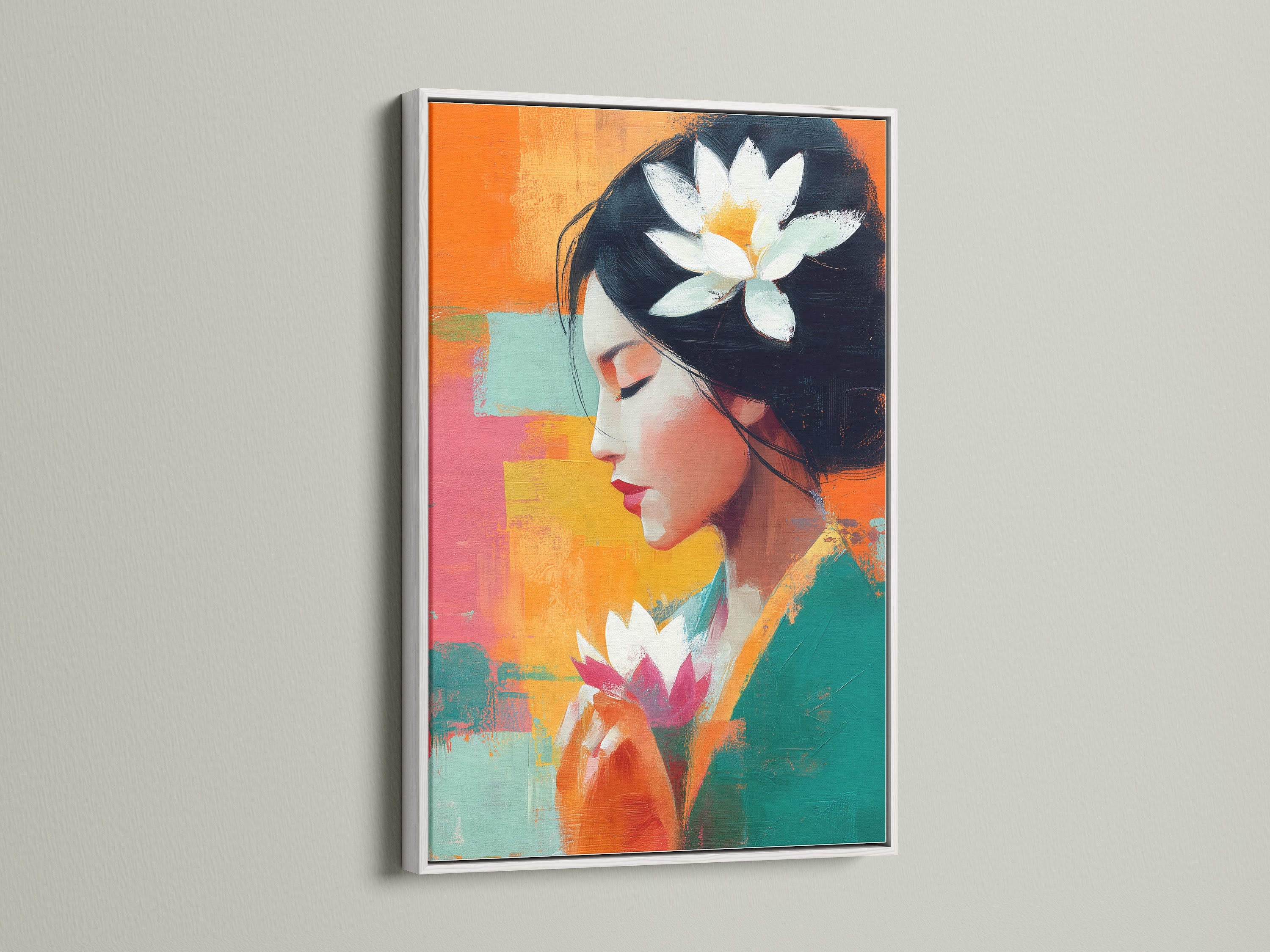 The lotus flower woman artwork is presented in a white frame. The artwork brings a sense of peace and zen to any interior. This colorful abstract portrait on canvas enhances meditation room decor. It is spiritual wall art for mindfulness.