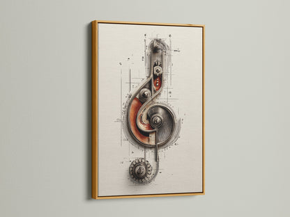 A gold frame enhances the steampunk music note artwork. The mechanical treble clef wall art features industrial gears. This vintage drawing is perfect for music lovers. The gear artwork adds a touch of elegance to any space.
