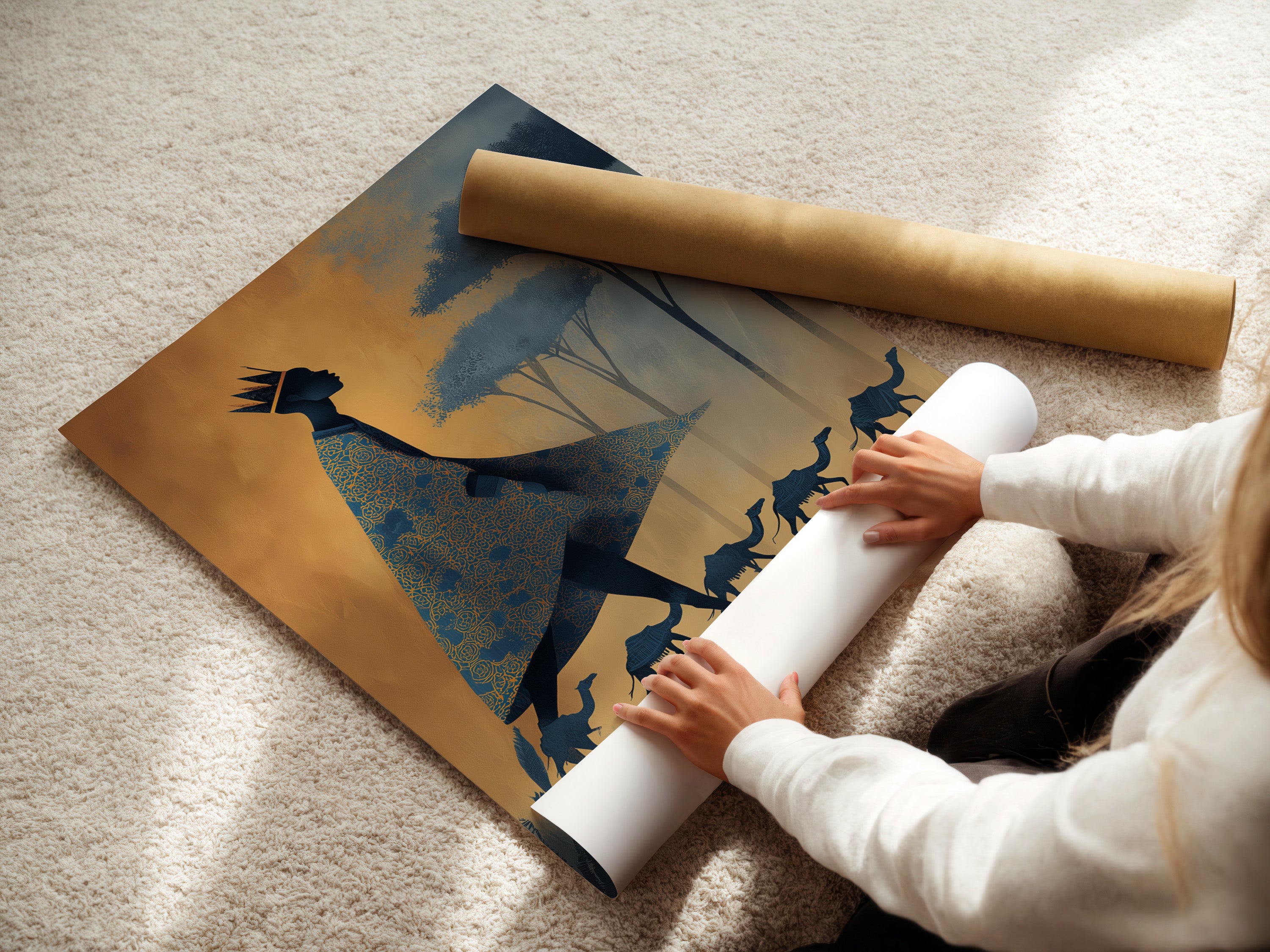 A woman carefully rolls a fine art poster paper. The poster paper is of archival quality. The artwork will last for years to come. Preserve your favorite art prints. This ensures they remain pristine and beautiful. High quality materials matter
