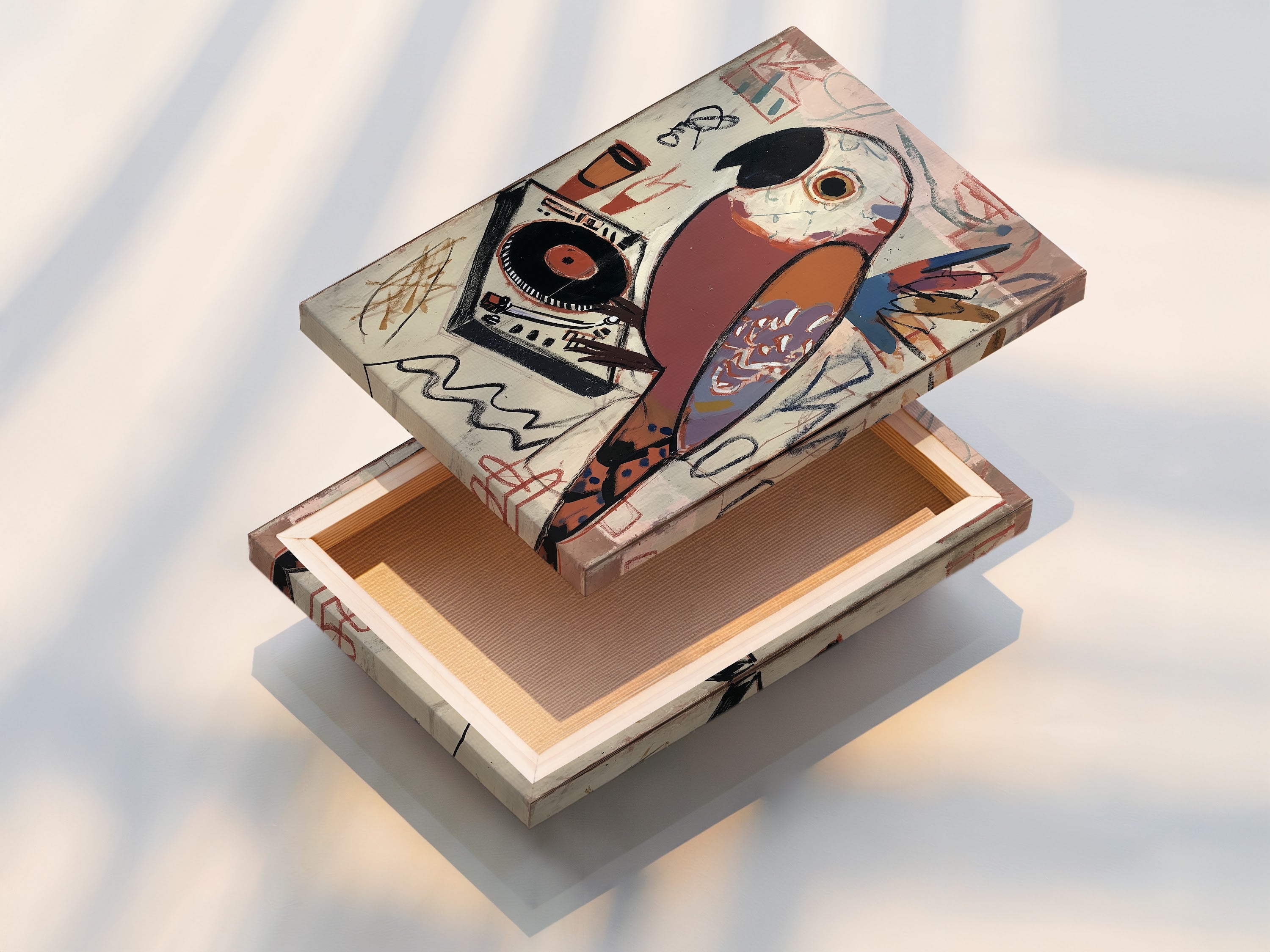 Vintage Parrot DJ Artwork stretched on canvas. The stretched canvas print is ready to hang. This music bird canvas wall art is perfect for music room decor. A great addition to any modern style.