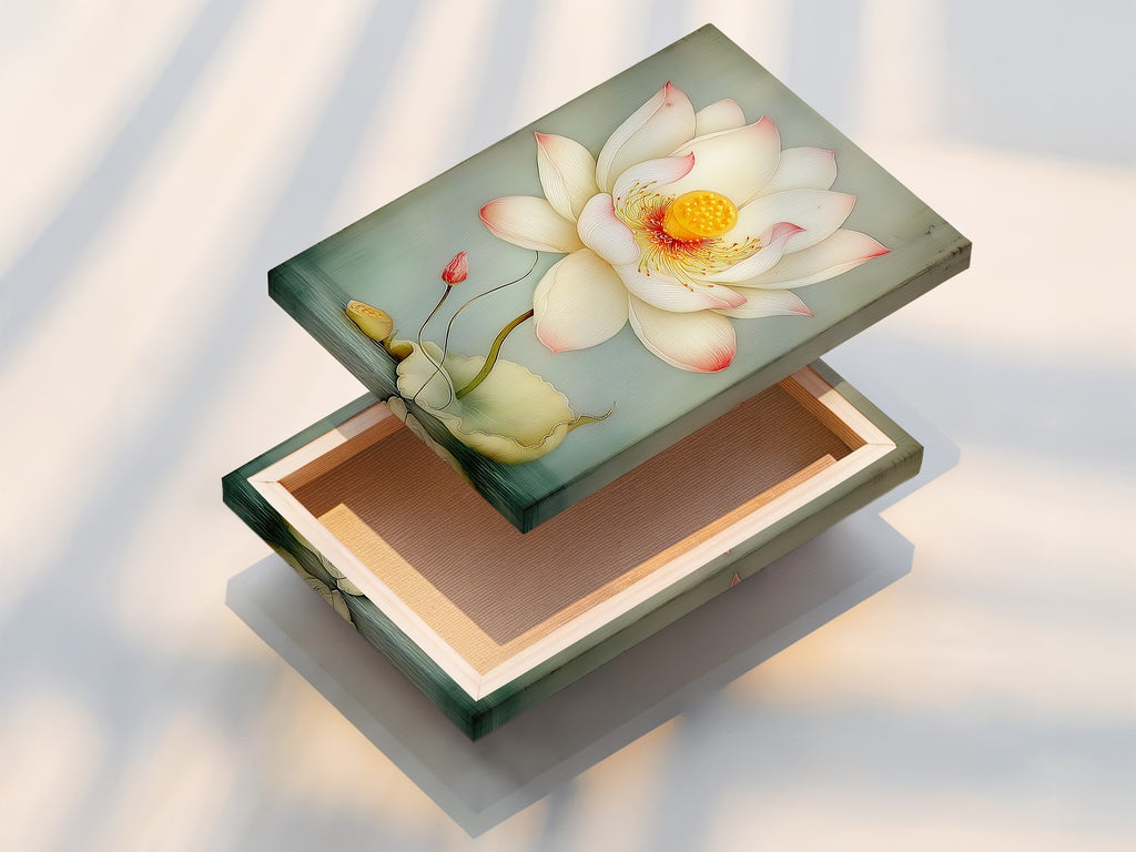 This is a stretched canvas print of the Lotus Flower artwork. The canvas showcases the intricate details of the floral print. Ready to hang and enjoy in any room. It brings a touch of nature and tranquility. Ideal for living rooms.