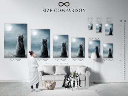 A size comparison chart shows the Cat Moon Canvas Print in an interior. Visualize how this celestial kitten artwork will look in your home. This whimsical art is perfect for a nursery or living room. Find the perfect size for your wall decor needs. This artwork is a thoughtful gift.