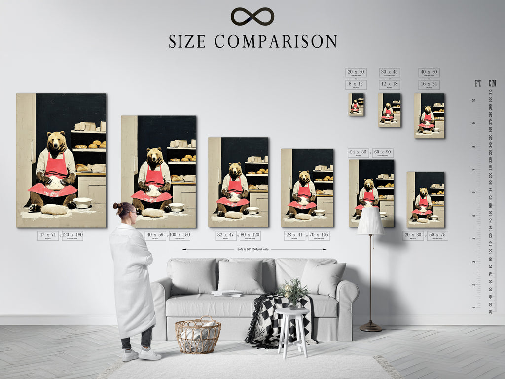A size comparison chart in an interior setting features the bear baker art. See how different sizes fit your space. This artwork is perfect for kitchens and cafes. Plan your wall decor with ease.