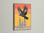 Discover the charm of this gothic raven wall art. The black bird cathedral canvas print is showcased in an oak frame. A stunning piece of medieval decor that elevates your home. Perfect for living room bedroom office libraries clinics cafés and boardrooms.
