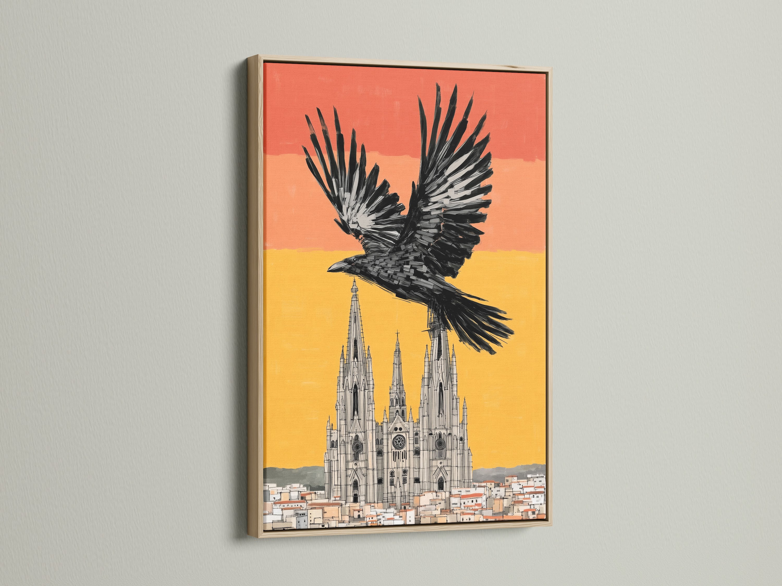 Discover the charm of this gothic raven wall art. The black bird cathedral canvas print is showcased in an oak frame. A stunning piece of medieval decor that elevates your home. Perfect for living room bedroom office libraries clinics cafés and boardrooms.