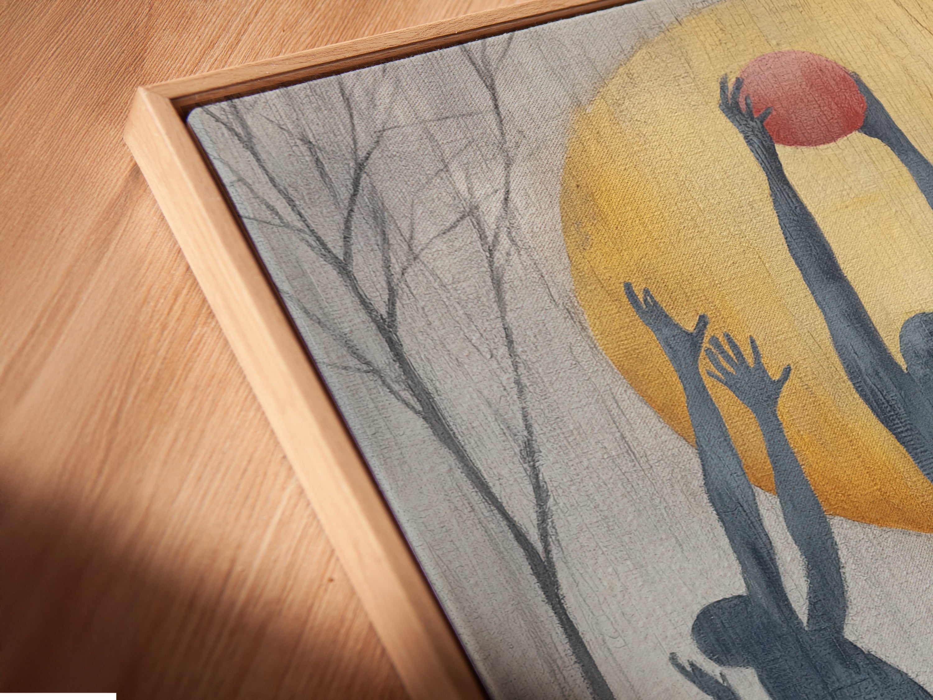 Close-up angled view of a canvas print in a floating frame. The basketball silhouette artwork is perfect for sports fans. The modern sports wall art adds style to any game room or boy's room. The floating frame enhances the minimalist aesthetic. This team spirit print is ready to hang.