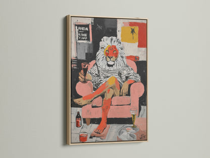 A captivating lion artwork print in an oak frame. This surreal mixed media art adds a quirky touch to any room. This animal canvas is great for living rooms home bars offices lounges studios man caves and entertainment rooms. 