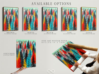 Available options for the colorful forest artwork. Choose from a stretched canvas print fine art poster paper or floating frame. The abstract tree wall art suits any style. Modern woodland print for your home. This tree canvas enhances any room. Ideal for bedroom art or living room wall art. Perfect wall decoration.