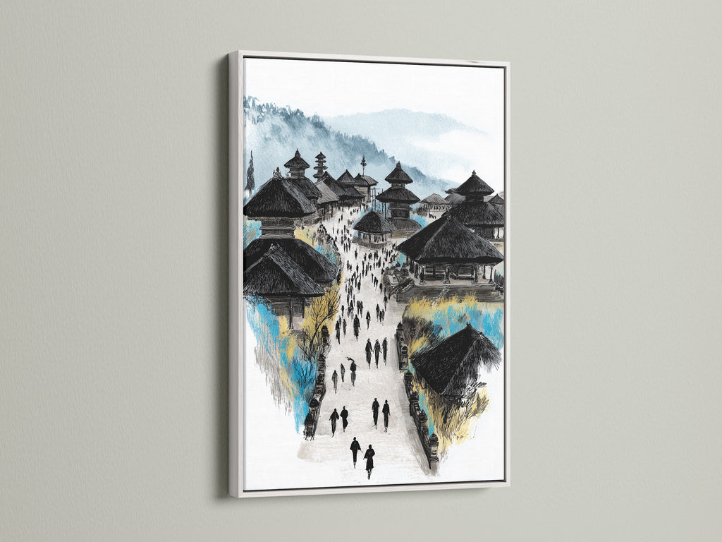 See the Balinese Temple art print displayed in a white frame. This Asian architecture artwork complements minimalist aesthetics. It's a great choice for interior decorators seeking cultural artwork. This travel photography is perfect for offices libraries and meditation spaces.