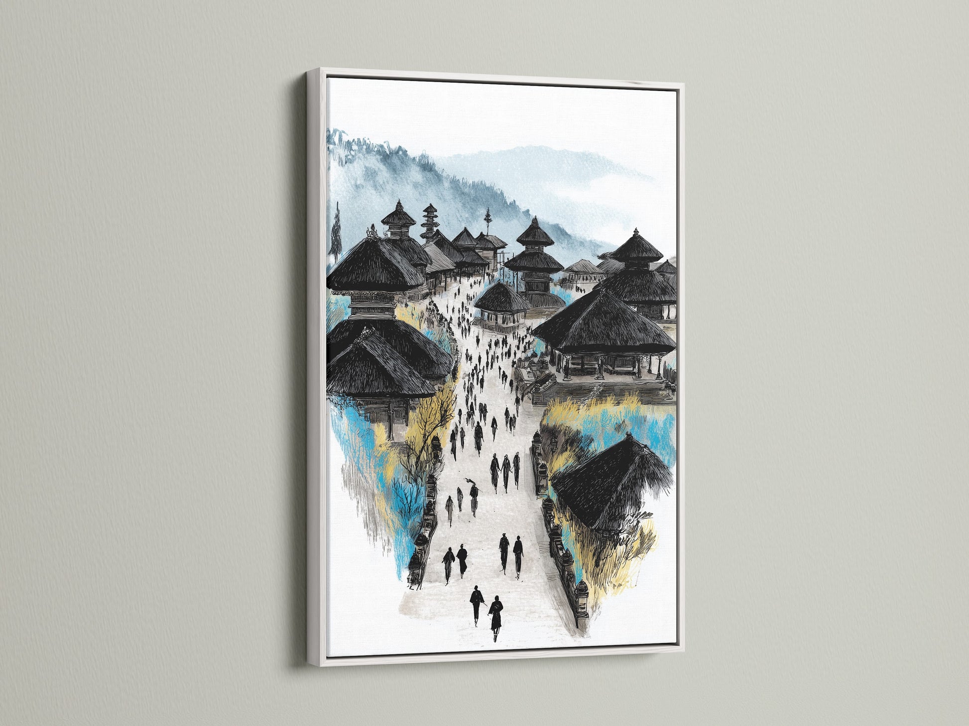 See the Balinese Temple art print displayed in a white frame. This Asian architecture artwork complements minimalist aesthetics. It's a great choice for interior decorators seeking cultural artwork. This travel photography is perfect for offices libraries and meditation spaces.