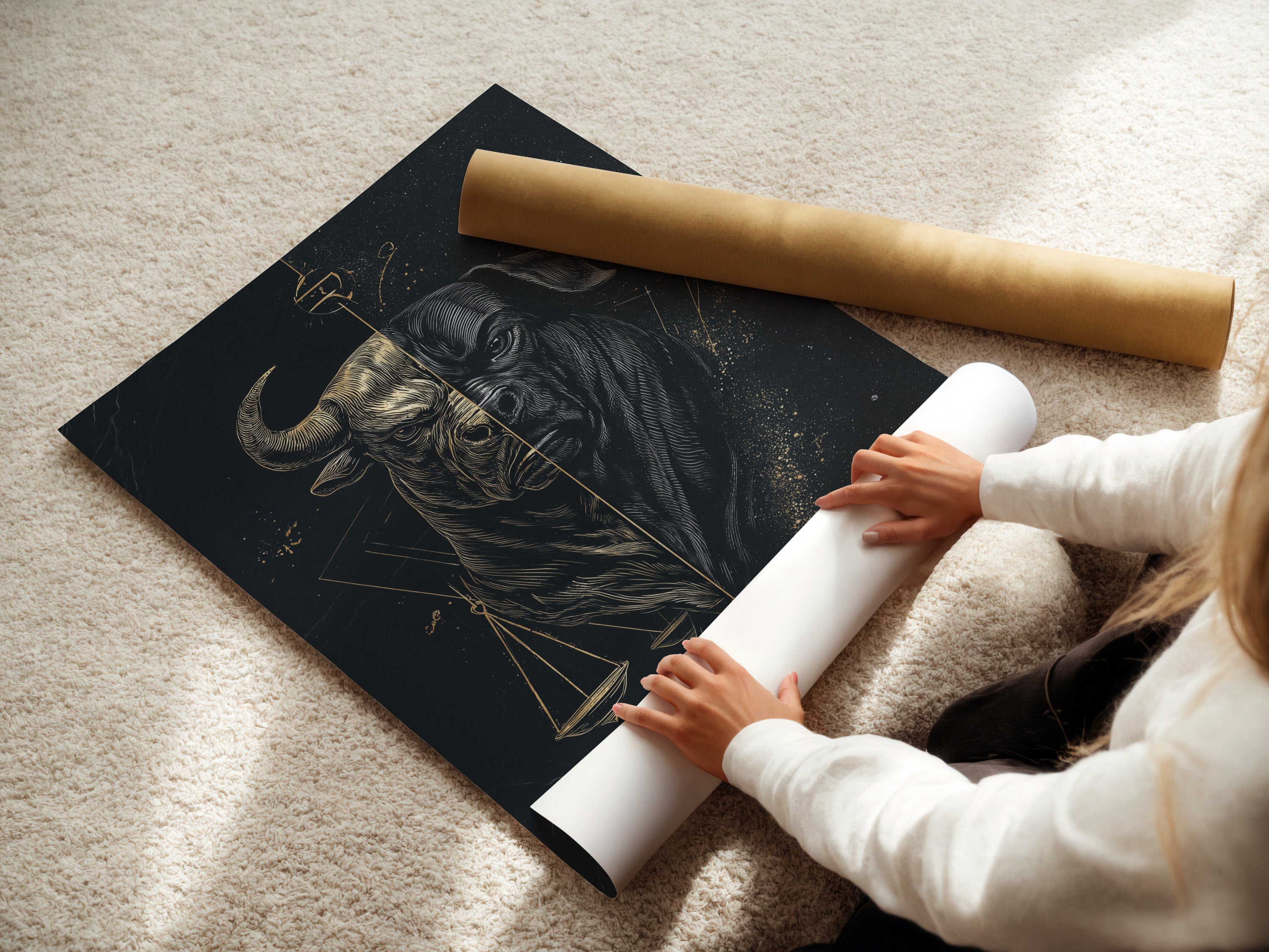 A woman is carefully rolling a fine art poster paper. This shows the care and quality that goes into each Bull Justice art print. Ideal for lawyers judges and anyone seeking refined legal wall decor.