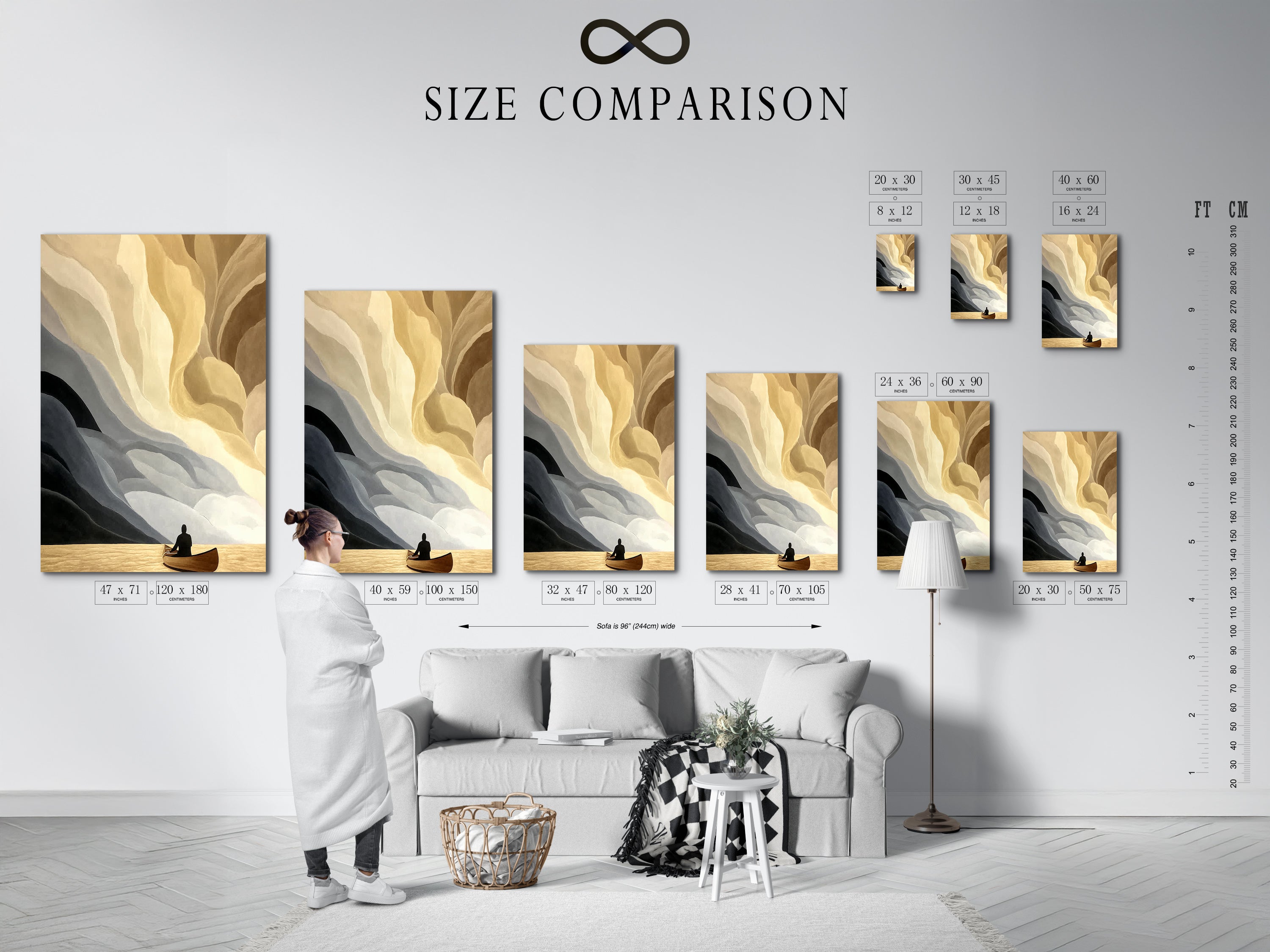 Size comparison chart displayed in an interior setting. This chart showcases abstract boat artwork in neutral tones. Options include minimalist seascape artwork. Visualize the perfect fit for your space. The modern artwork enhances any room decor.
