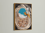 Gold frame featuring a unique rock climbing artwork. Sports canvas print for adventure lovers. Mediterranean art brings a cultural touch. Climbing wall decor for an active lifestyle. Enhance your home office or living space with this vibrant artwork.