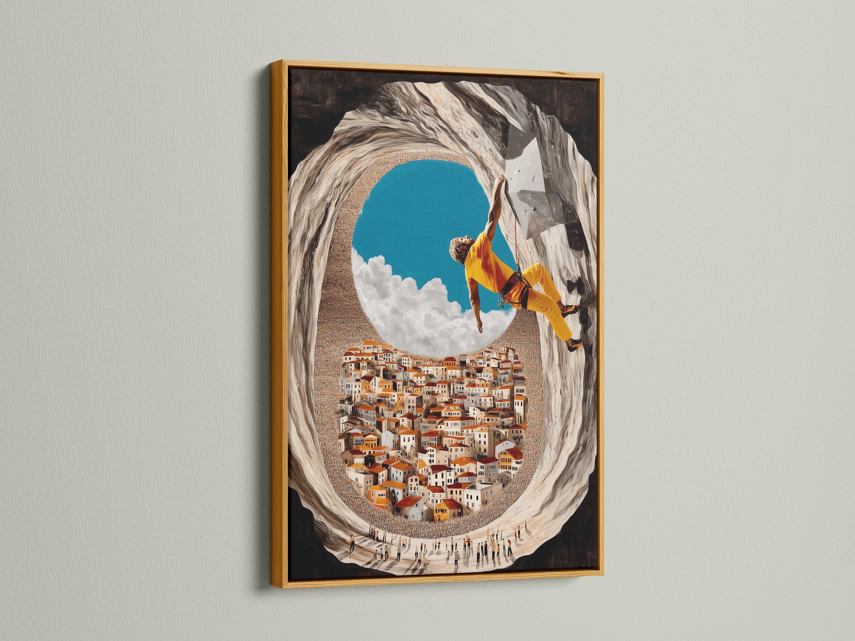 Gold frame featuring a unique rock climbing artwork. Sports canvas print for adventure lovers. Mediterranean art brings a cultural touch. Climbing wall decor for an active lifestyle. Enhance your home office or living space with this vibrant artwork.