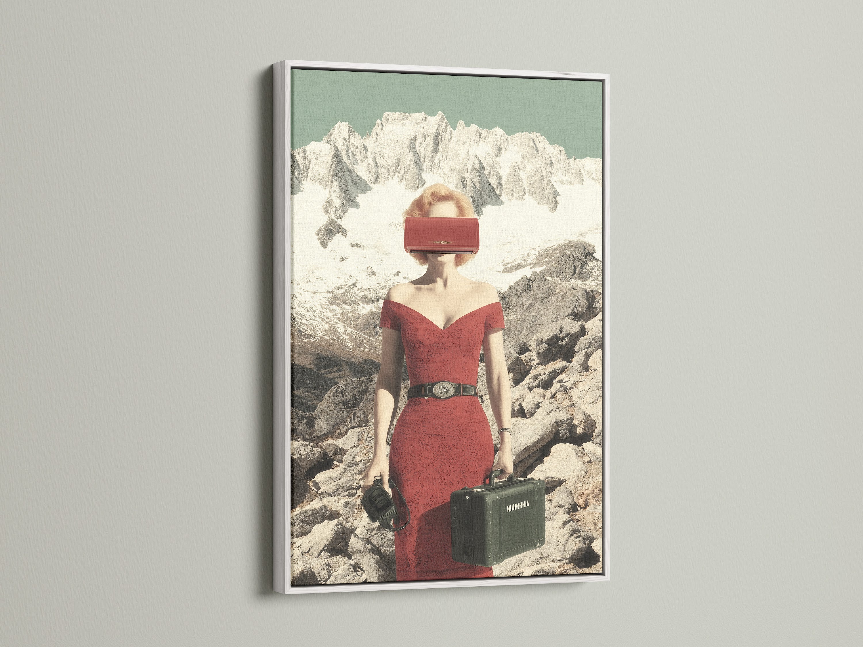 This Vintage Travel Poster Print is framed in white. The surreal wall art features a retro fashion woman. This mountain landscape canvas art brings art deco style to your space. A perfect addition to any room. Elevate your home decor with this unique artwork.