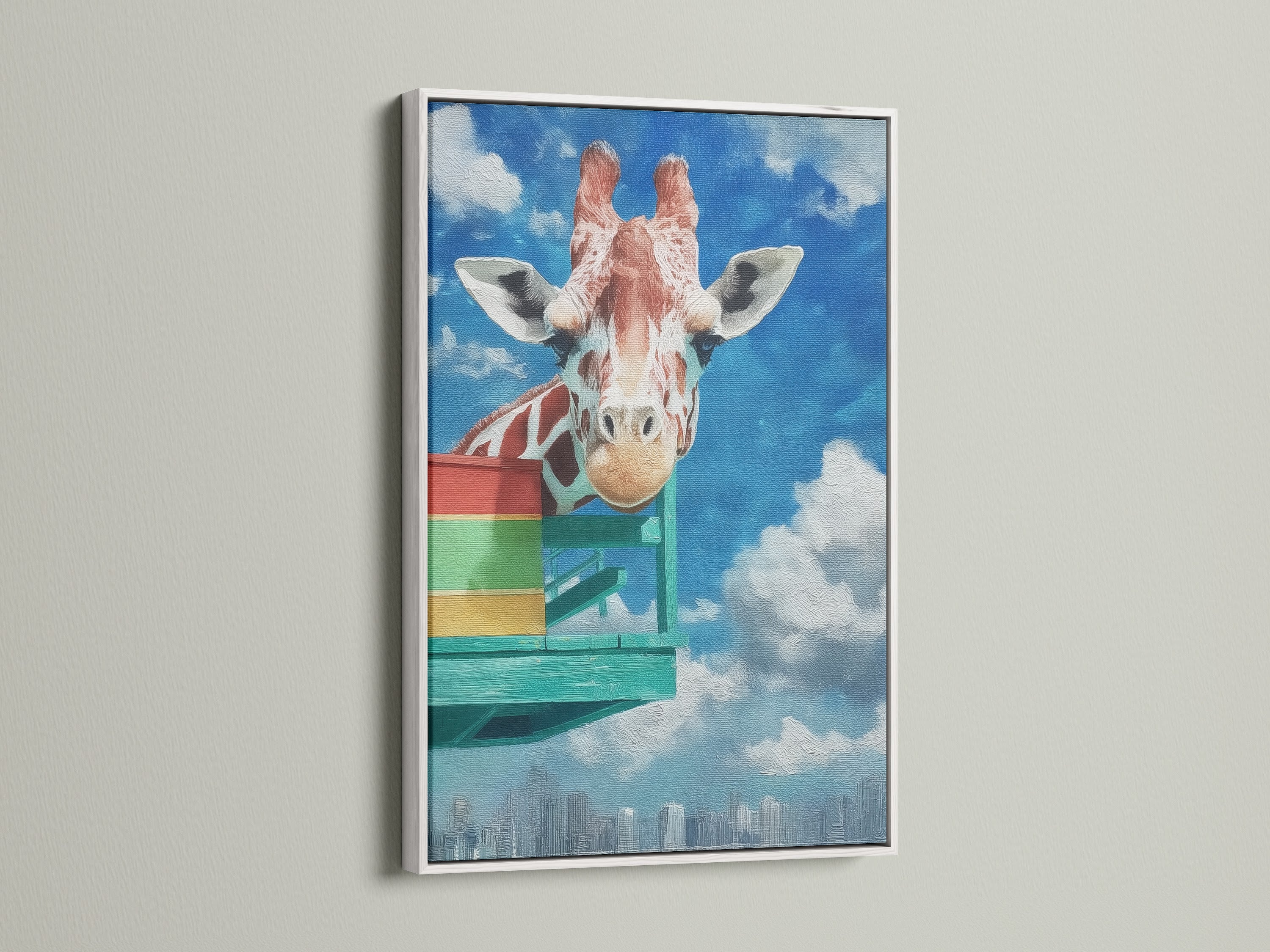 A delightful giraffe artwork print is framed in a clean white frame. The colorful cityscape and whimsical animal artwork brighten any space. This print is perfect for a playroom or kids bedroom. The white frame adds a fresh modern touch. Bring playful artwork into your home.
