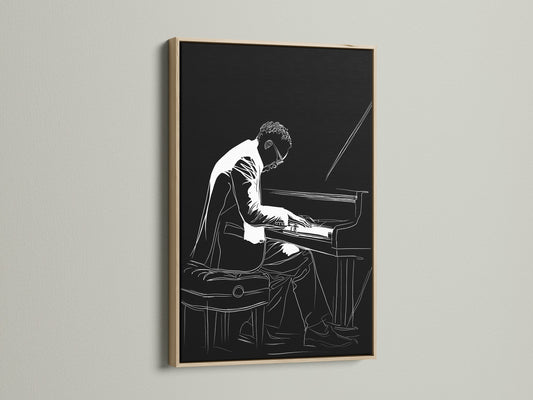 Experience the elegance of this framed piano player artwork. The jazz musician canvas wall art is presented in an oak frame. Add a touch of sophistication to your space. This black and white music wall decor suits any room.