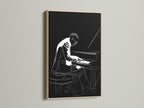 Experience the elegance of this framed piano player artwork. The jazz musician canvas wall art is presented in an oak frame. Add a touch of sophistication to your space. This black and white music wall decor suits any room.