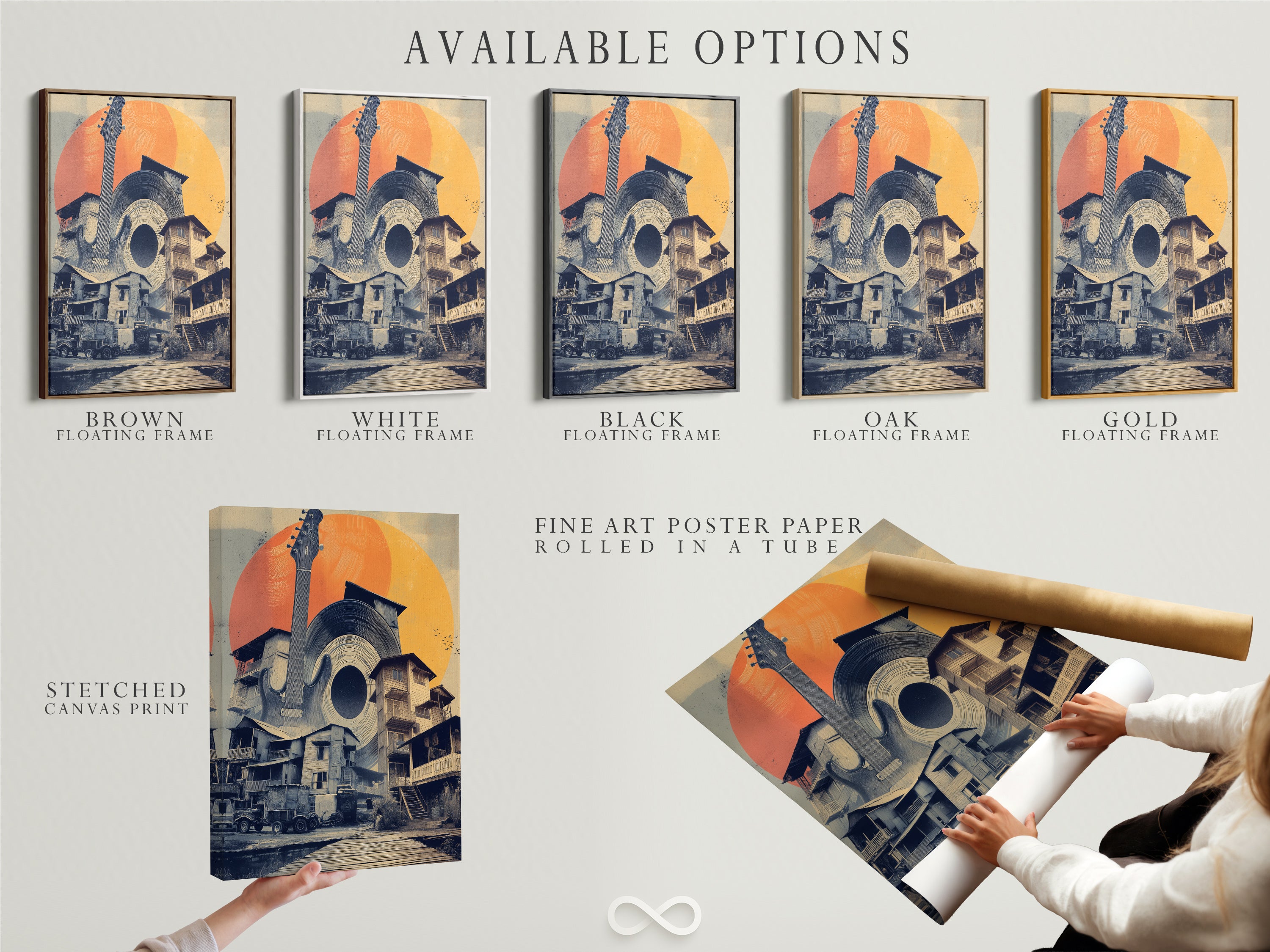 Available options are displayed for the Musical Village artwork. These include a stretched canvas print fine art poster paper and a floating frame. Choose the perfect format to showcase this eclectic guitar record and village scene.