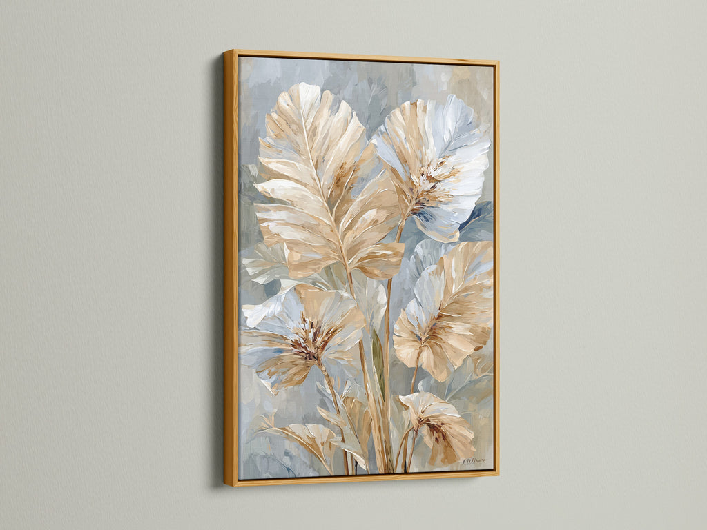 Beige and blue neutral floral art in a gold frame. The artwork is contemporary. It would look great in minimalist Scandinavian or contemporary spaces. This art is perfect for homeowners renters interior stylists and business owners.