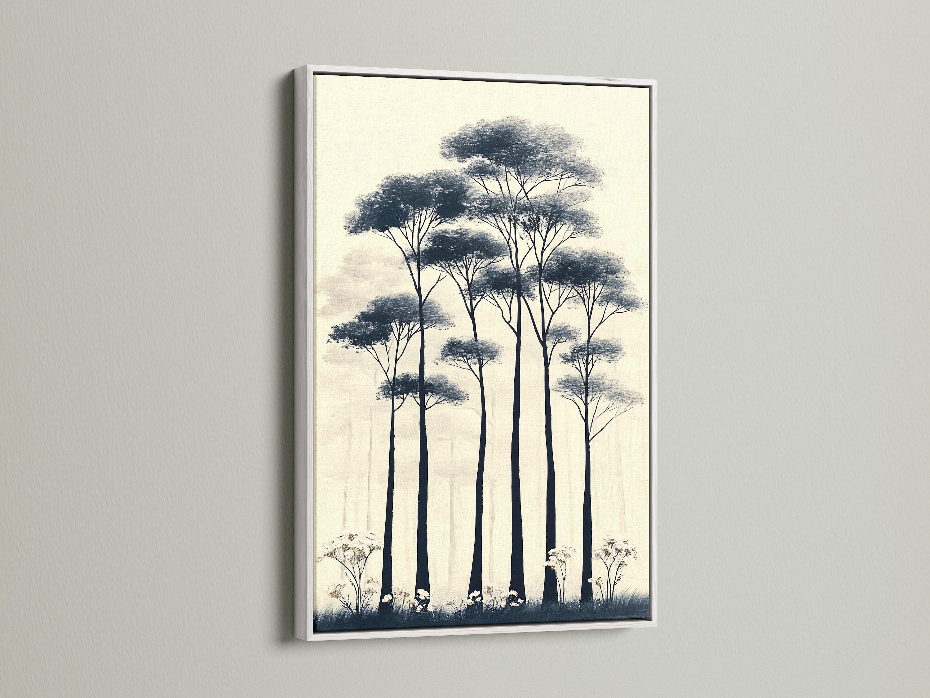 Brighten your space with minimalist wall art. This forest trees canvas print is showcased in a white frame. Its neutral tones and botanical art create a tranquil atmosphere. Perfect for Scandi decor and hallway wall art. This artwork brings simple elegance to any room.